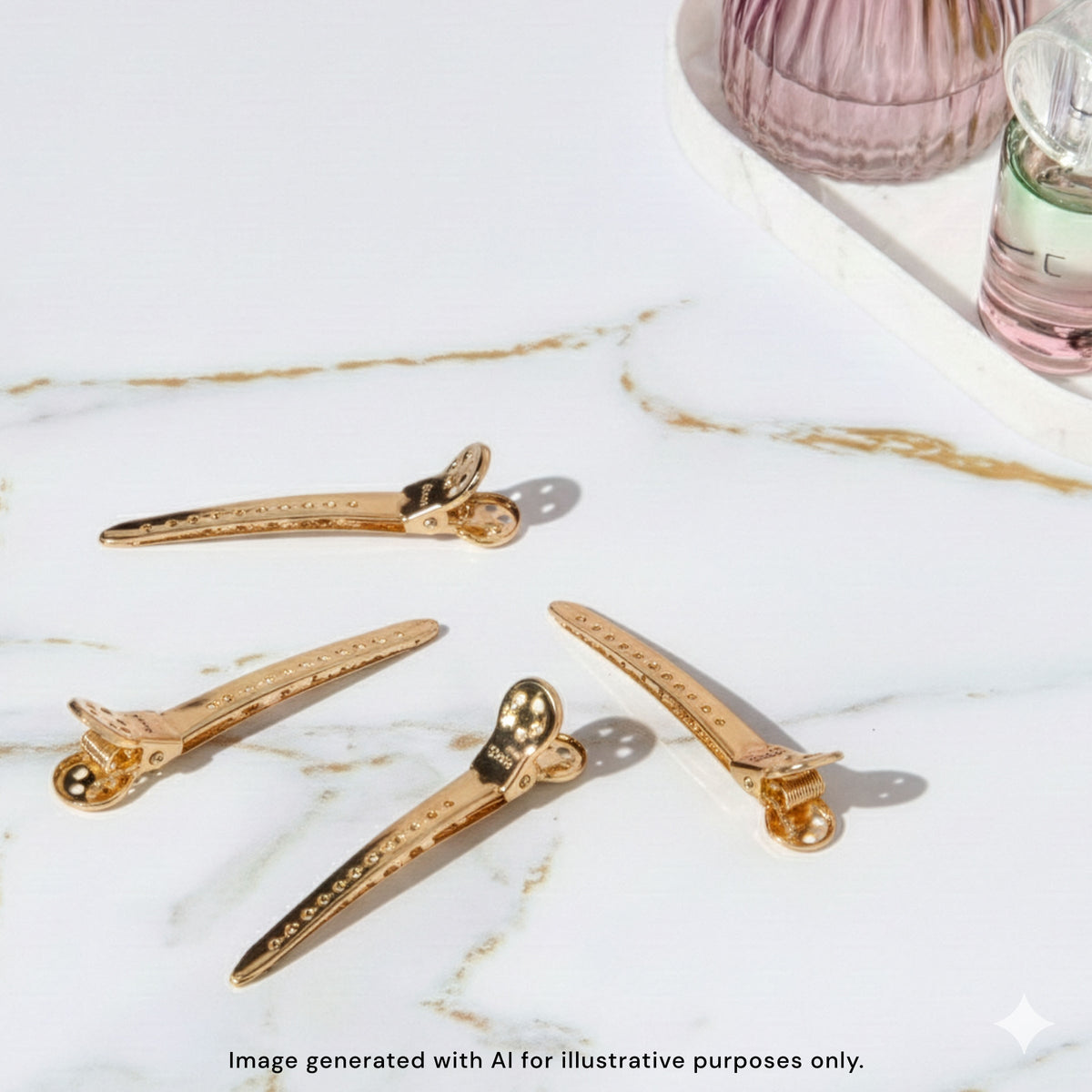 Gold precision metal hair clips arranged on a marble vanity surface