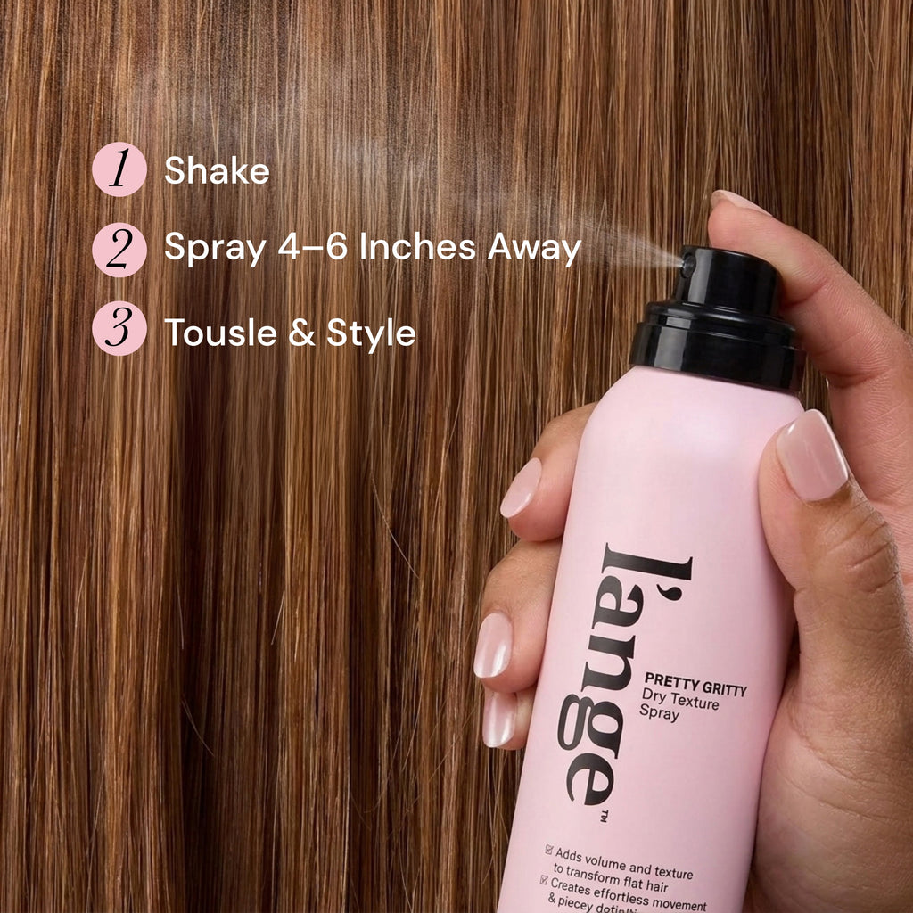 How To image. Text reads "1. Shake, 2. Spray 4-6 Inches Away, 3. Tousle & Style"