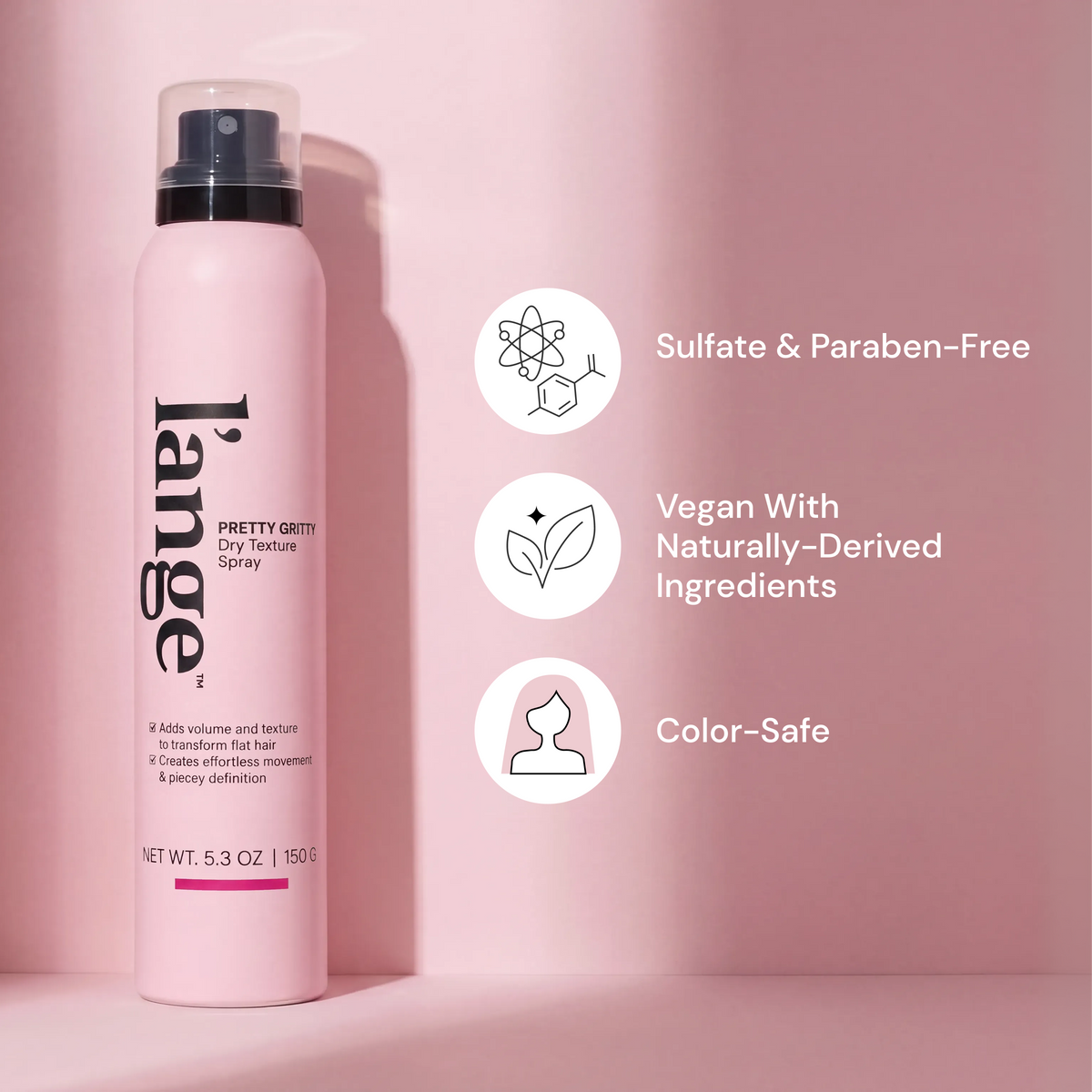 Benefits callout image. Text reads "Sulfate & Paraben-Free. Vegan with Naturally-Delivered Ingredients. Color-Safe"
