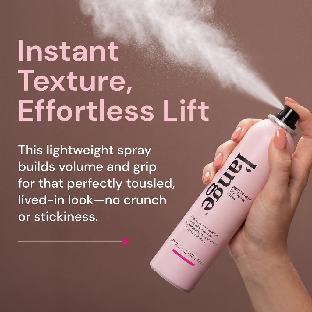 Informational image. Text reads "Instant Texture, Effortless Lift. This lightweight spray builds volume and grip for that perfectly tousled, lived-in look-no crunch or stickeness"