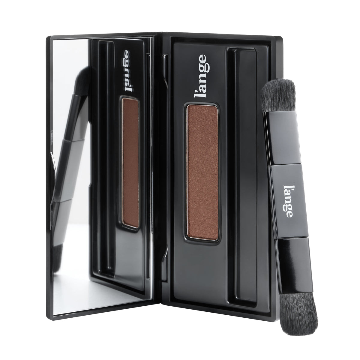 L'ange RootMatch root touch-up powder compact in Auburn, open with mirror and dual-ended brush, on white background