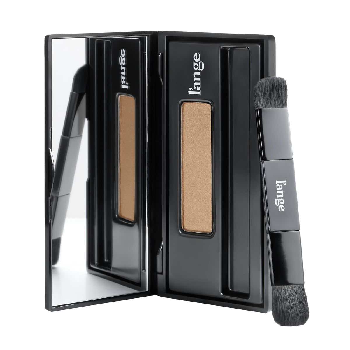 L'ange RootMatch root touch-up powder compact in blonde, open with mirror and dual-ended brush, on white background