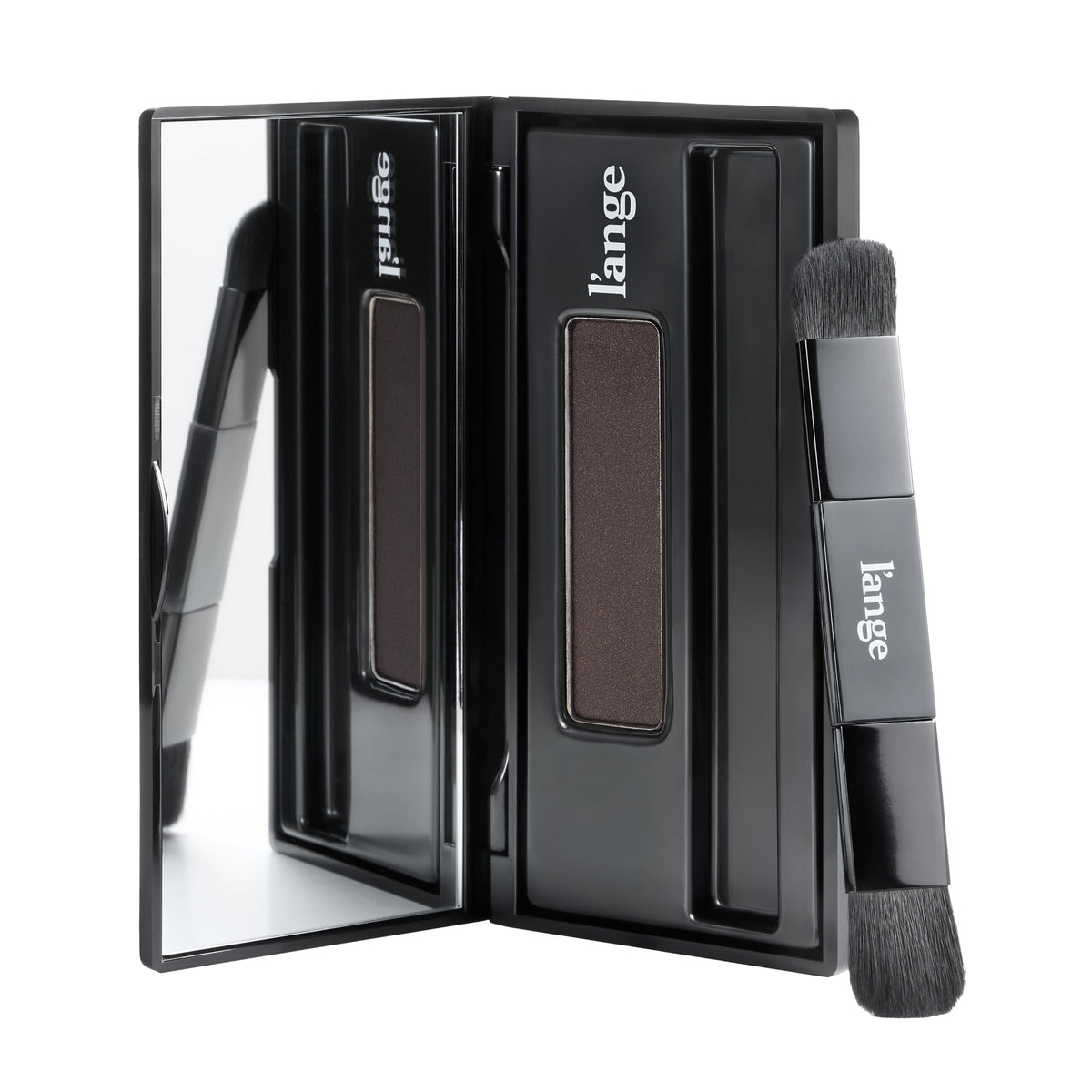 L'ange RootMatch root touch-up powder compact in Dark Brown, open with mirror and dual-ended brush, on white background
