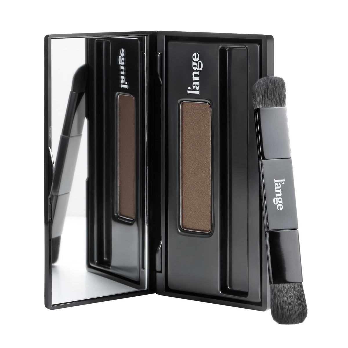 L'ange RootMatch root touch-up powder compact in Light Brown, open with mirror and dual-ended brush, on white background