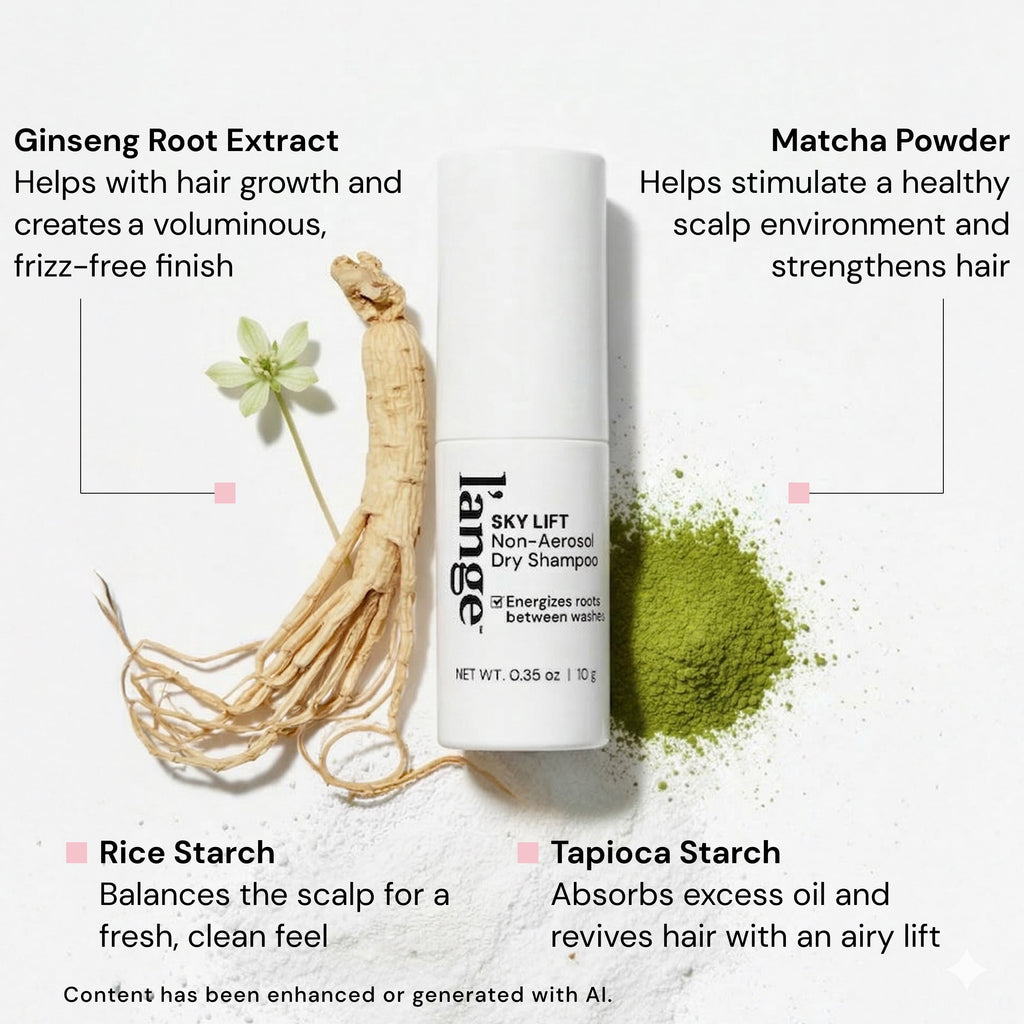 Ingredients image. It calls out 4 key ingredients. Text reads for each "Ginseng Root Extract - Helps with hair growth and creates a voluminous, frizz-free finish" "Matcha Powder - Helps stimulate  a healthy scalp environment and strengthens hair" "Rice Starch - Balances the scalp for a fresh, clean feel" and "Tapioca Starch - Absorbs excess oil and revives hair with an airy lift"

Disclaimer follows "Content has been enhanced or generated with AI"