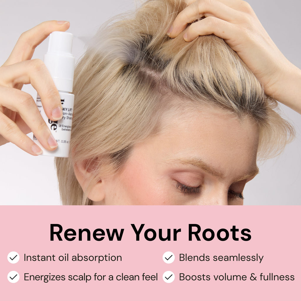 Benefits image. Text reads "Renew Your Roots" and a checklist of benefits follows "instant oil absorption, energizes scalp, blends seamlessly, and boosts volume"