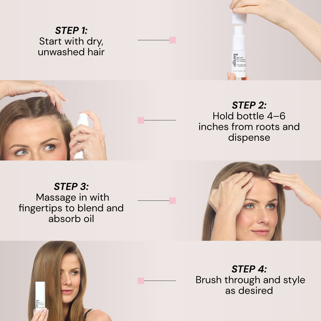 Steps image on how to use Sky Lift. Text reads "Step 1: Start with dry, unwashed hair" "Step 2:Hold bottle 4-6 inches from roots and dispense" "Step 3: Massage in with fingertips to blend and absorb oil" "Step 4: Brush through and style as desired"