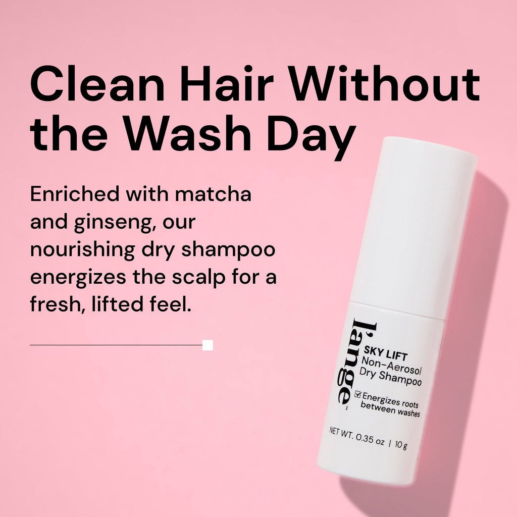 Informational image. Text reads "Clean Hair Without the Wash Day" "Enriched with matcha and ginseng, our nourishing dry shampoo energizes the scalp for a fresh, lifted feel"