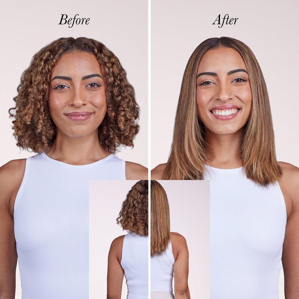 Model showing her before and after using Smooth-It to get a sleek, straight look.