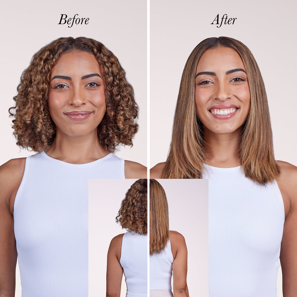 Model showing her before and after using Smooth-It to get a sleek, straight look.