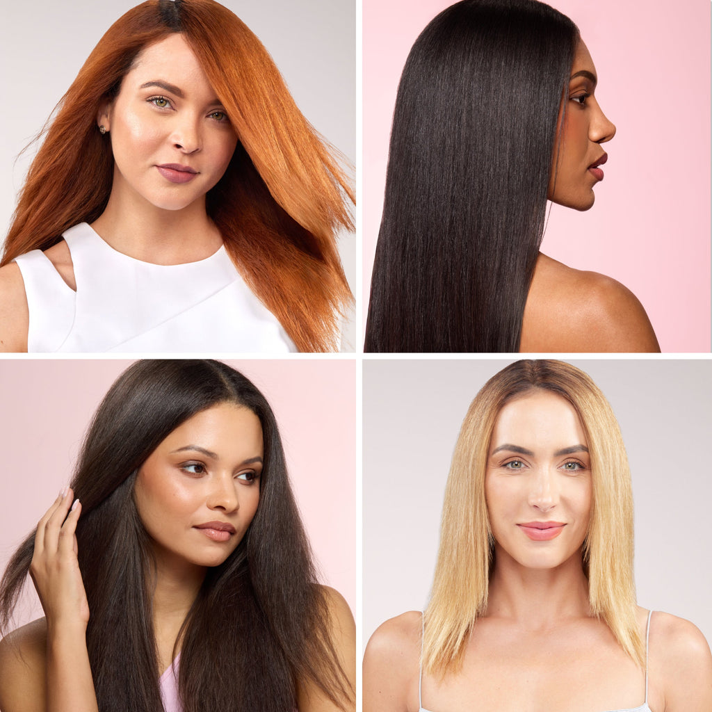 Four-panel collage of diverse models showcasing sleek, straight hair in different shades—long copper red, long deep black in profile, long dark brown, and shoulder-length blonde