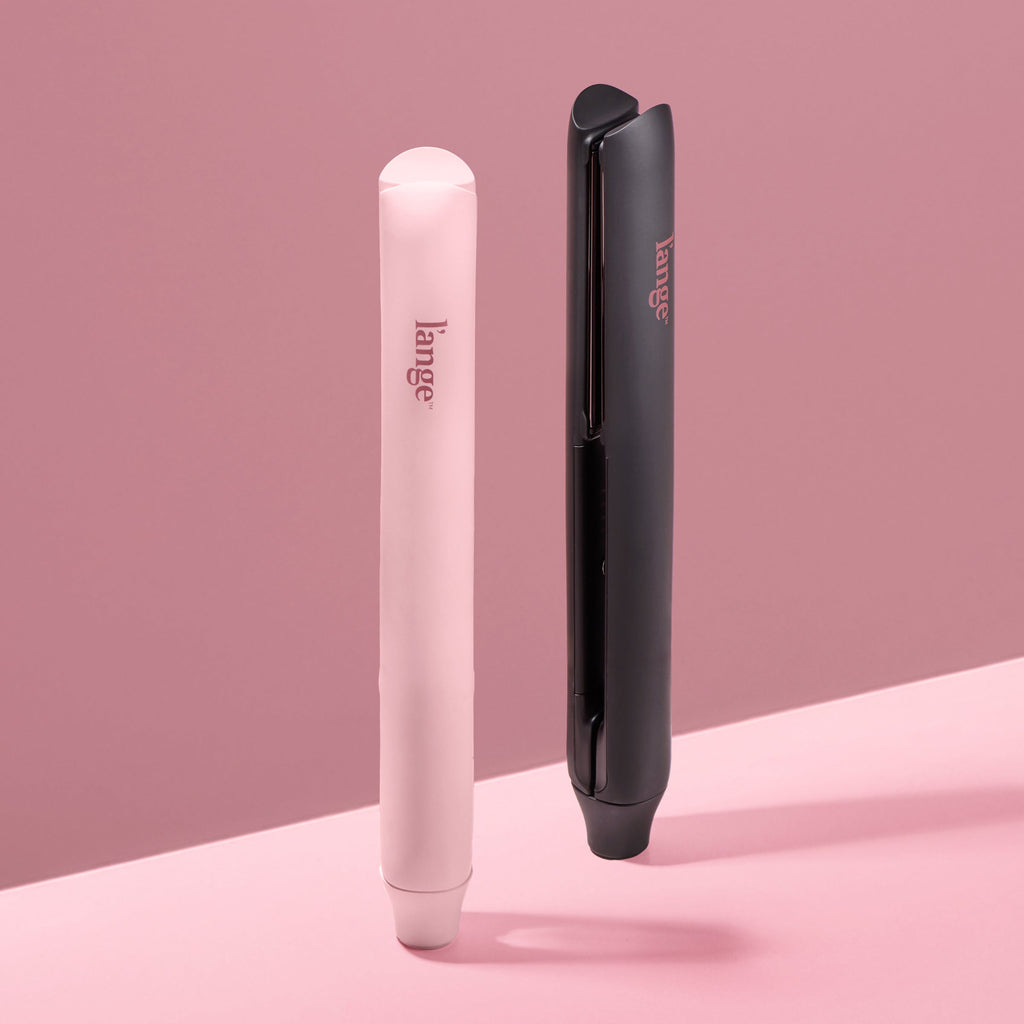 Blush and Black flat irons on a pink background