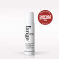 A white aerosol can of Lange Top Coat Shine Spray for hair, shown on a clean white background with a red circular 'She Finds 2026 Beauty Awards Winner' badge to the right.