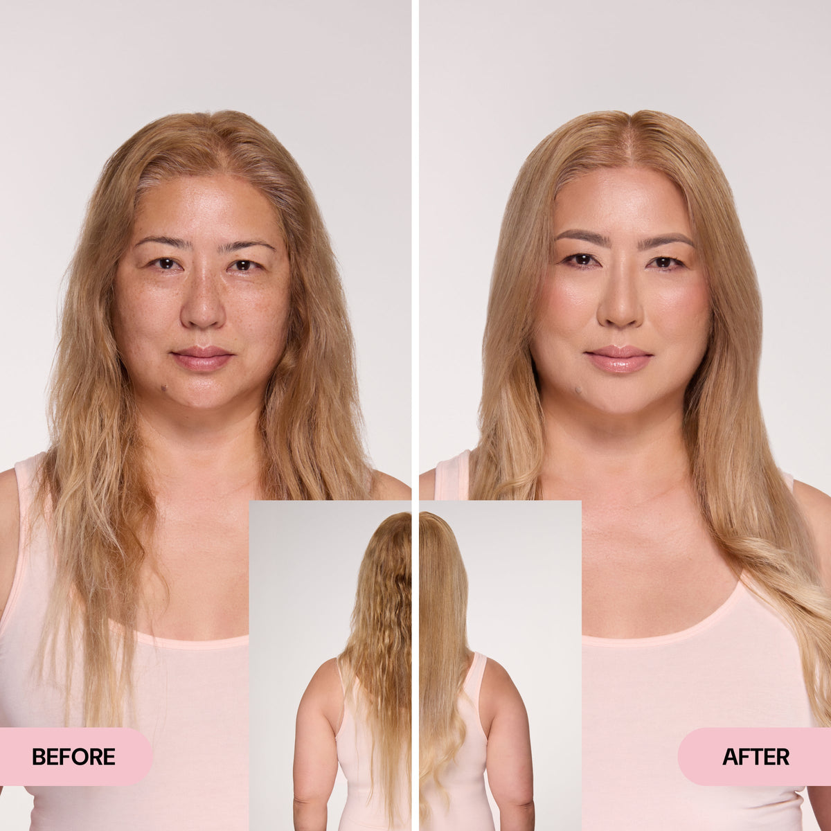 Before and after comparison showing transformation from frizzy to smooth, glossy blonde hair.