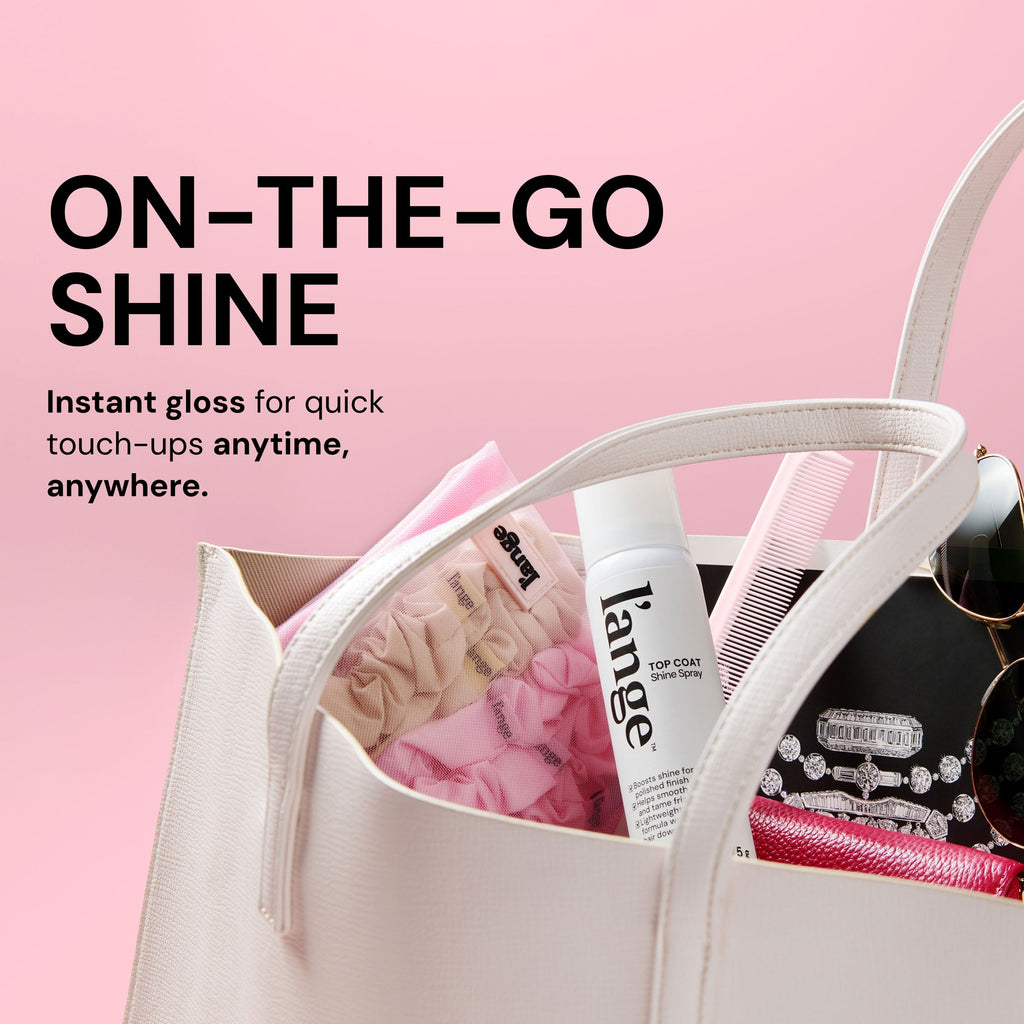 L’ange Top Coat shine spray inside a handbag. Text reads "ON-THE-GO SHINE. Instant gloss for quick touch-ups anytime, anywhere"