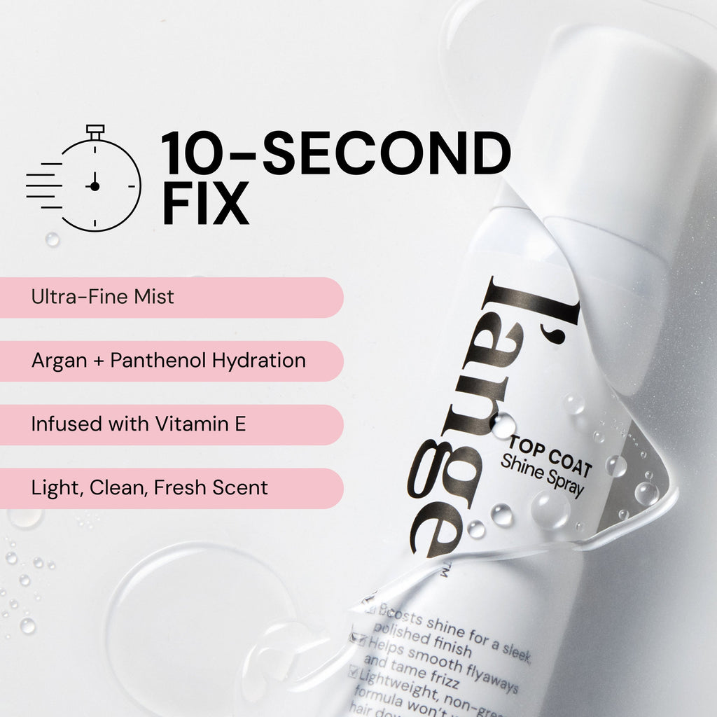 Informational Image. Text reads "10-second fix" it follows by highlighted benefits "Ultra-Fine Mist" "Argan + Panthenol Hydration" "Infused with Vitamin E" and "Light, Clean, Fresh Scent"