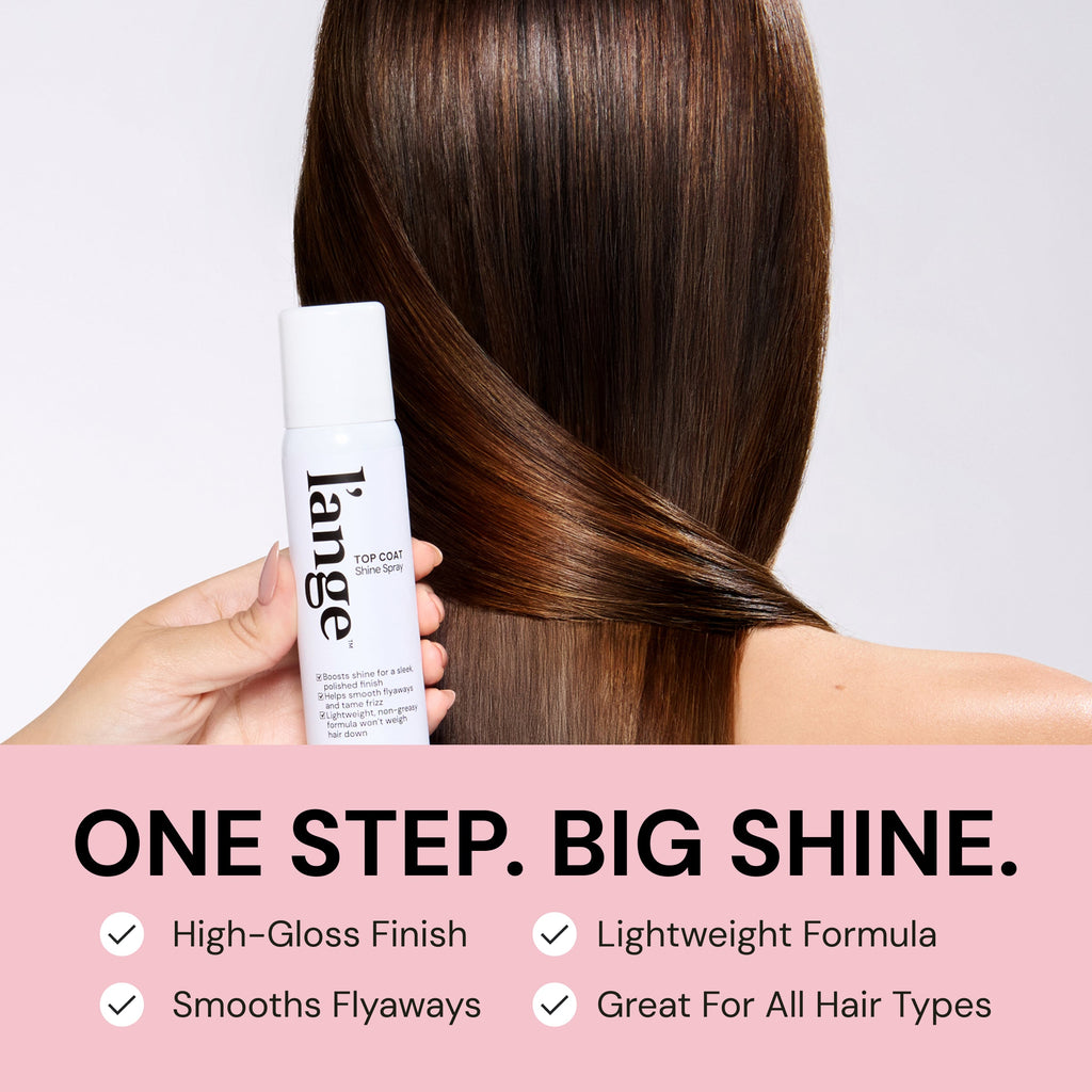 Informational Image. Text reads "ONE STEP. BIG SHINE." it follows by highlighted benefits "High-Gloss Finish" "Lightweight Formula" "Smooths Flyaways" and "Great For All Hair Types"