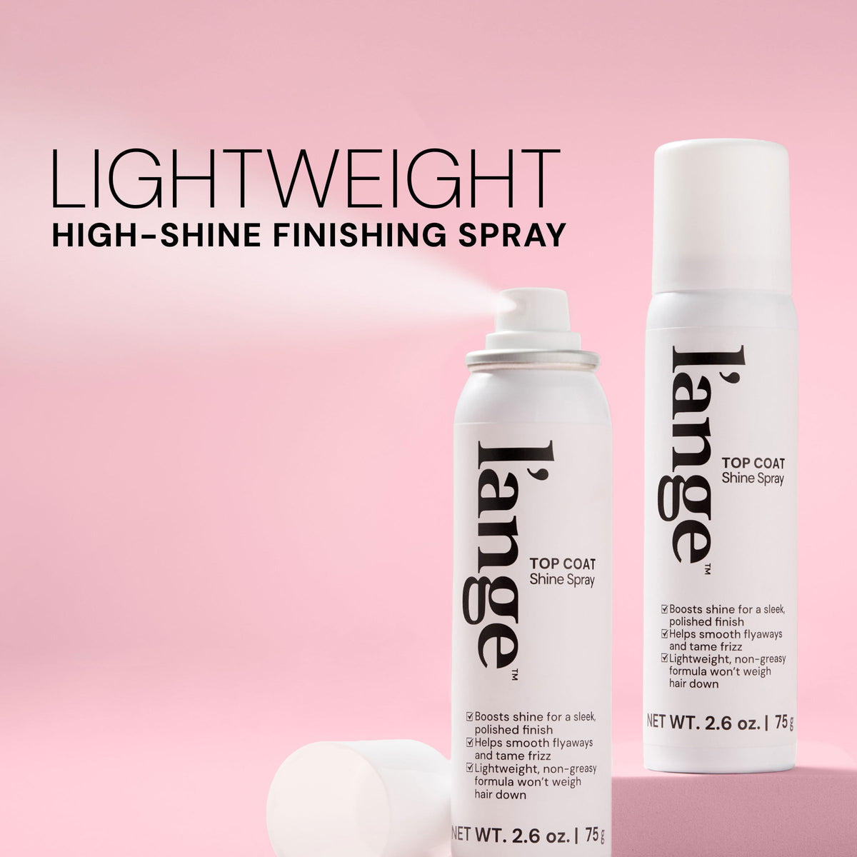 L’ange Top Coat high-shine finishing spray bottles on a pink background. Text reads "LIGHTWEIGHT. HIGH-SHINE FNISHING SPRAY"