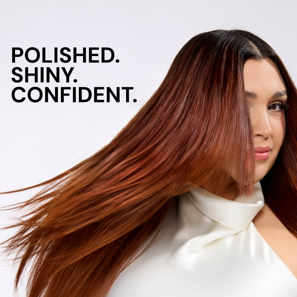 Woman with long, shiny hair flowing, text reads “Polished. Shiny. Confident.”
