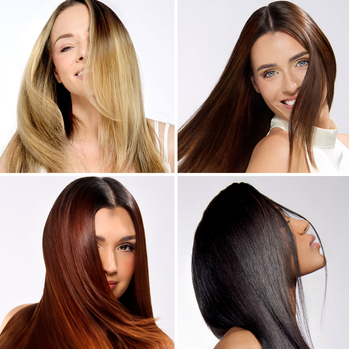 Four women with smooth, shiny hair in different shades and textures.
