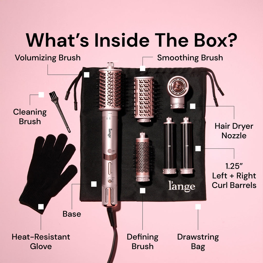 "What’s Inside The Box?" L’ange TurboStyle set with labeled parts: "Volumizing Brush" "Smoothing Brush" "Cleaning Brush" "Hair Dryer Nozzle" "1.25” Left + Right Curl Barrels" "Heat-Resistant Glove" "Defining Brush" "Drawstring Bag" "Base"