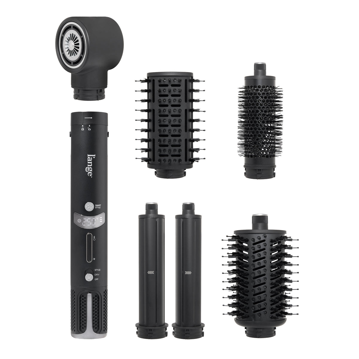 Black TurboStyle base and five attachments on white background