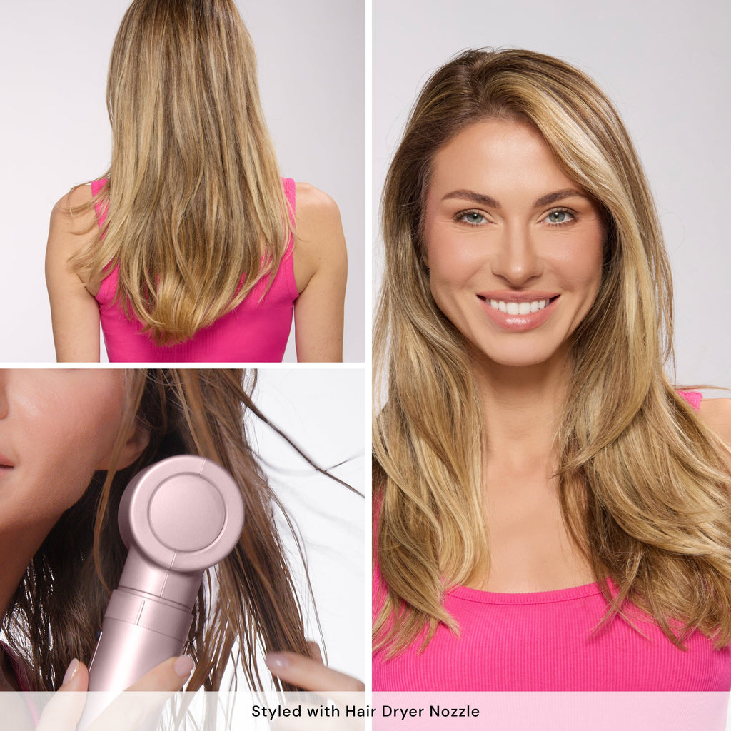 Before-and-after styling collage of a blonde woman with long hair. Bottom text reads: “Styled with Hair Dryer Nozzle.”