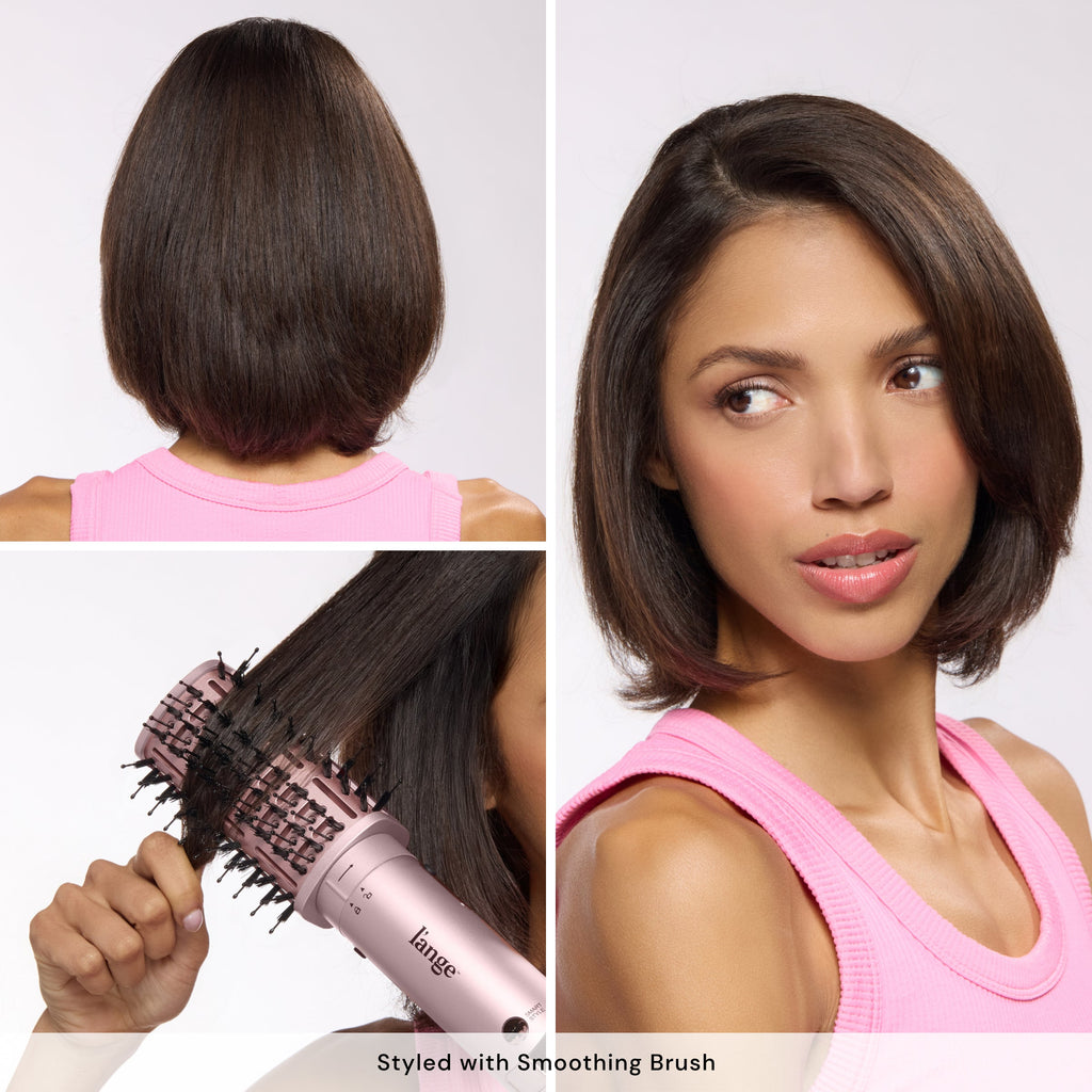 Before-and-after styling collage of a woman with a smooth bob haircut using a brush attachment. Bottom text reads: “Styled with Smoothing Brush.”