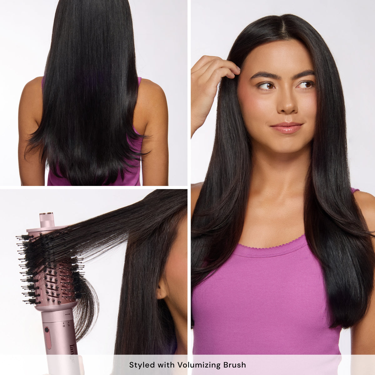 Before-and-after styling collage of a woman with long dark hair using a round brush attachment. Bottom text reads: “Styled with Volumizing Brush.”