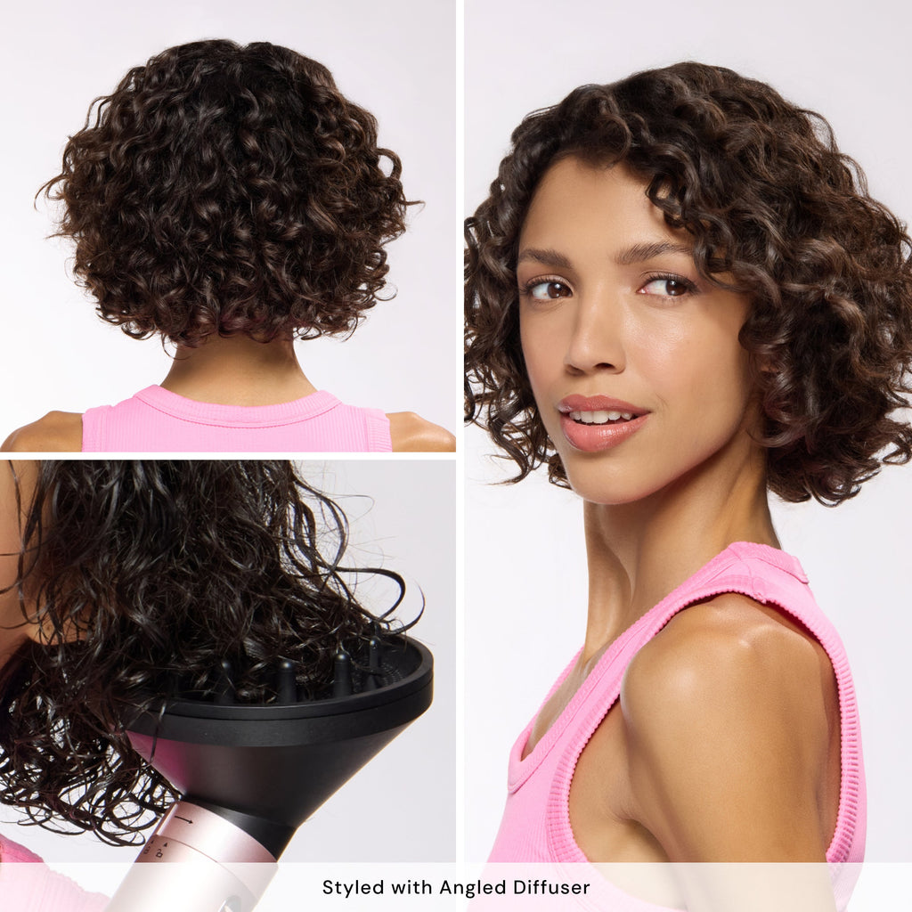 Collage showing curly hair from back and side views and a diffuser in use, with text "Styled with Angled Diffuser"
