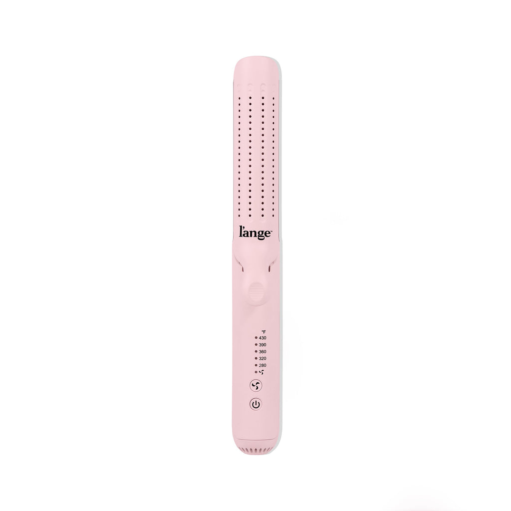 L'ange Le Duo Edge flat iron in blush pink on a white background.