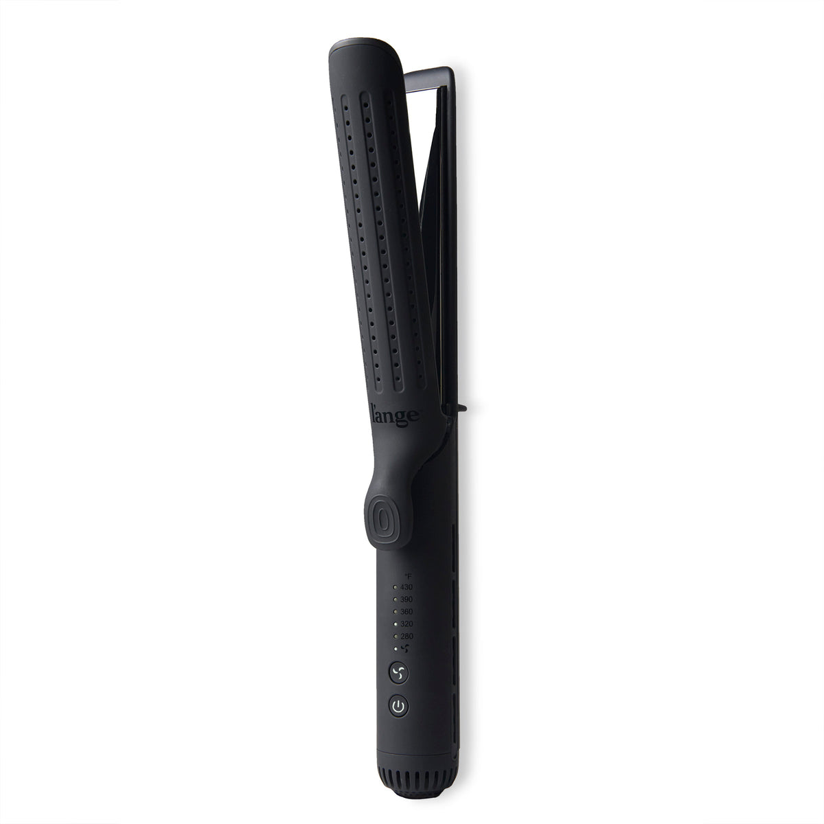 The black Le Duo Grande is open & stands vertically, showing cooling vents, temperature range & more.