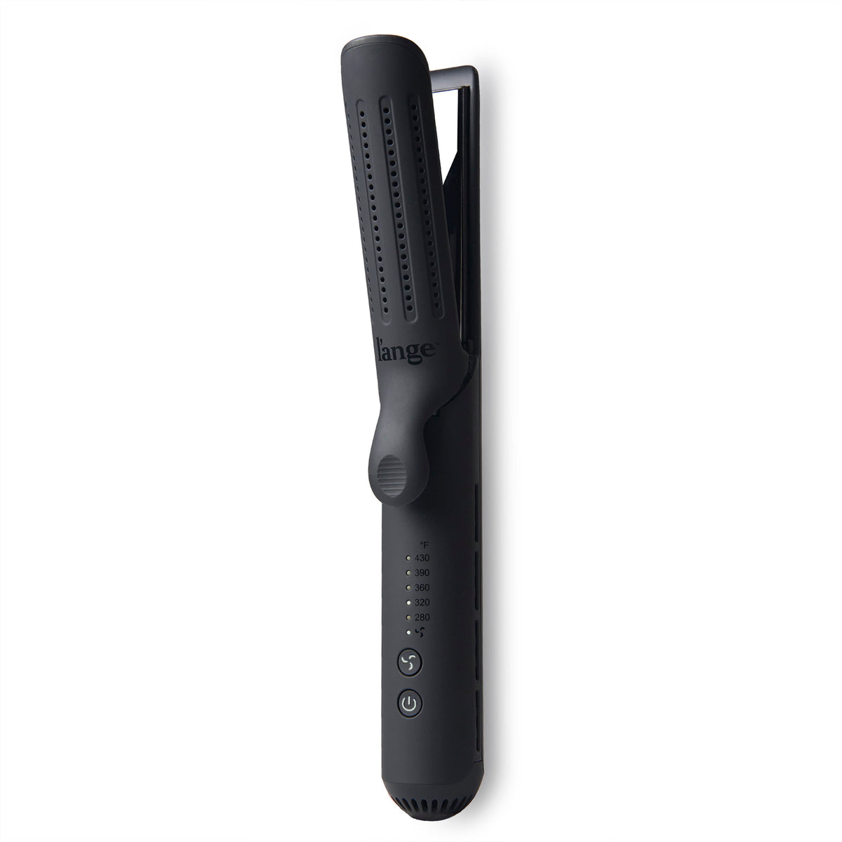 The black Le Duo is open & stands vertically, showing cooling vents, temperature range & more.